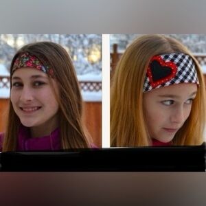 Bundle: Appliquéd heart cotton b&w houndstooth headband & rose print reversible